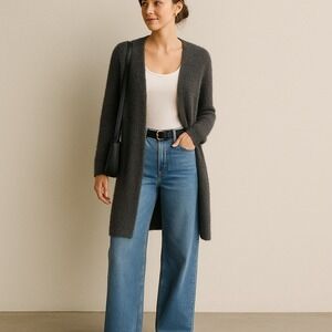 POL Gray Fuzzy Eyelash Knit Open Front Longline Cardigan Sweater M Fall Trend